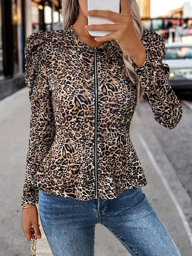 Madeline - Casual women's jacket with leopard print and zipper