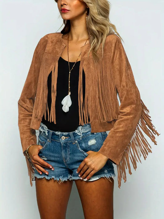 Amelia - Open jacket with fringed hem in suede look