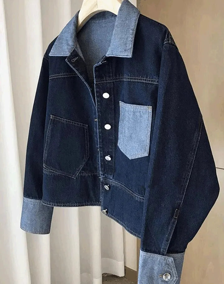 Charlotte - Retro Contrasting Color Lapel Denim Jacket