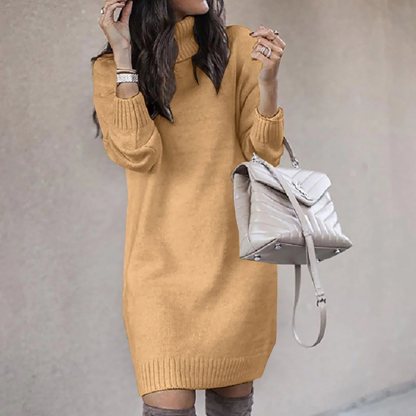 Rebecca - Knee-length knitted dress with turtleneck