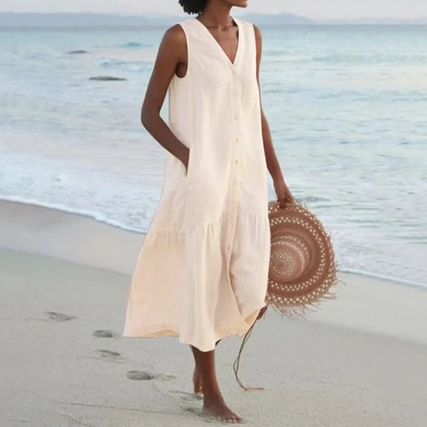 Stylish Linen Dress with V-Neck - Elara