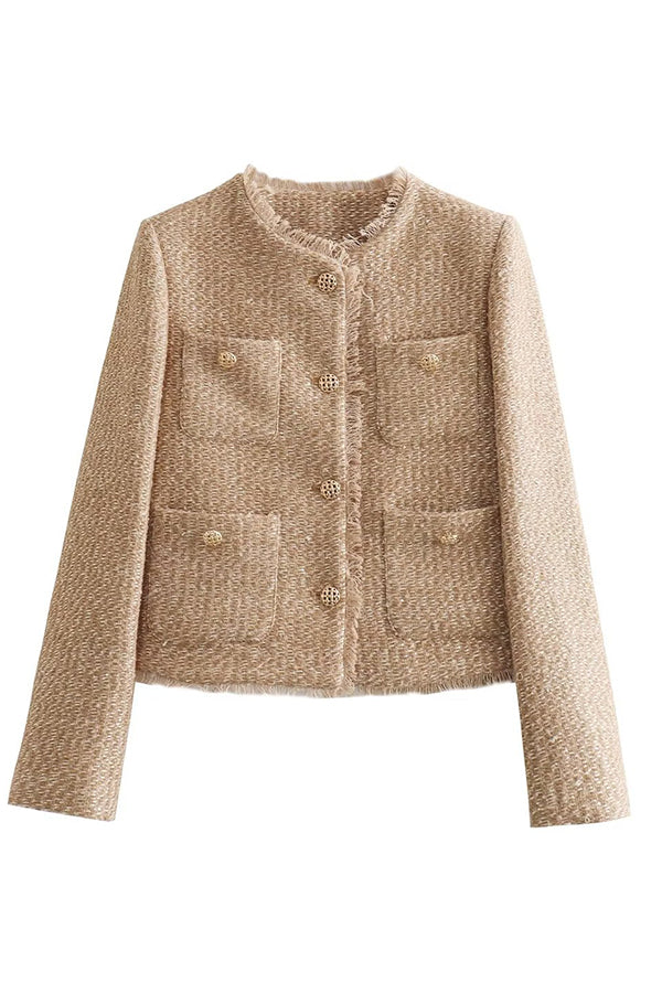 Frayed jacket with round neck and buttons