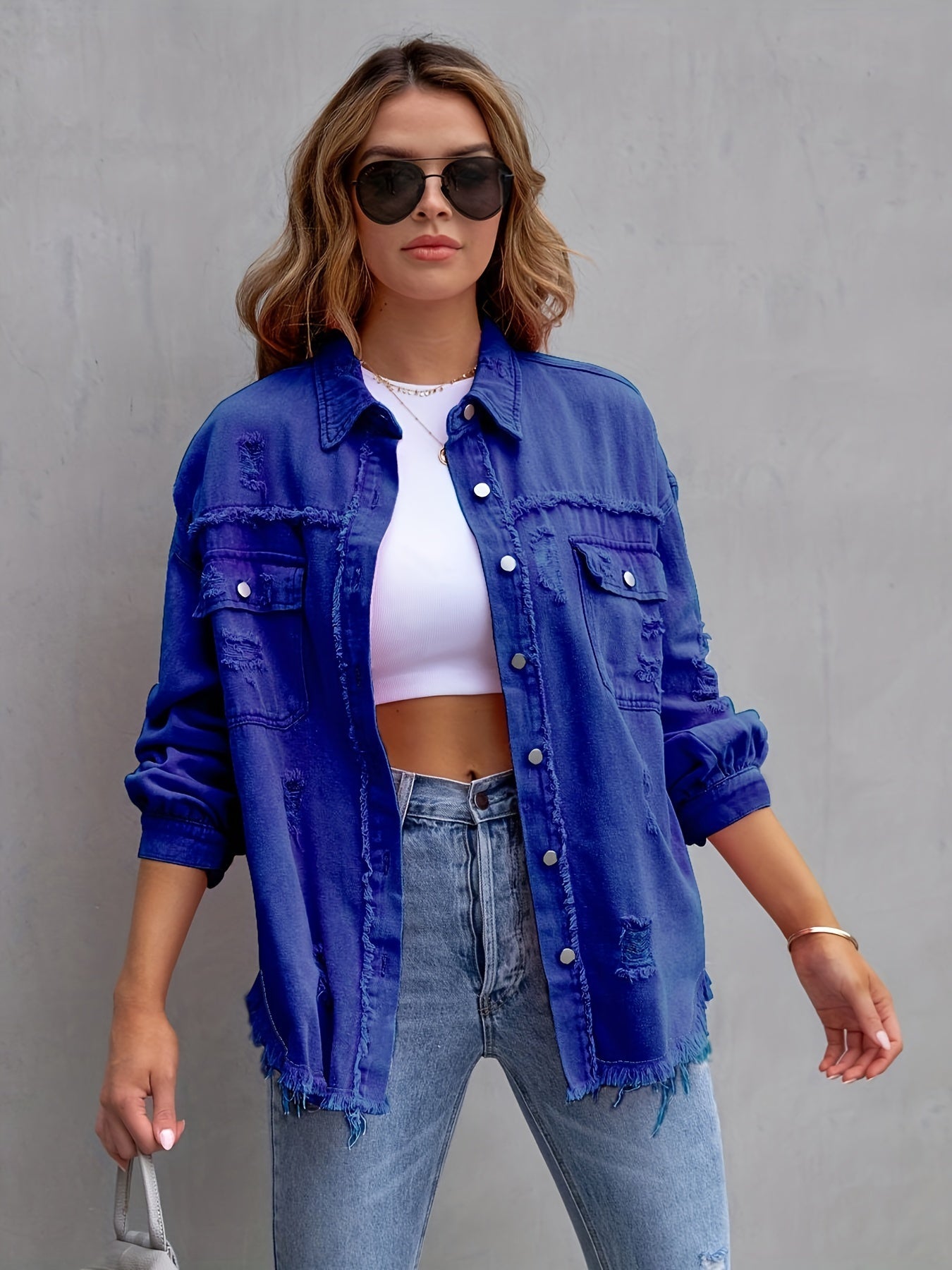 Veste en jean oversize - Boho - Non élastique, couleur unie, fermeture à boutons - Idéal pour toutes les saisons