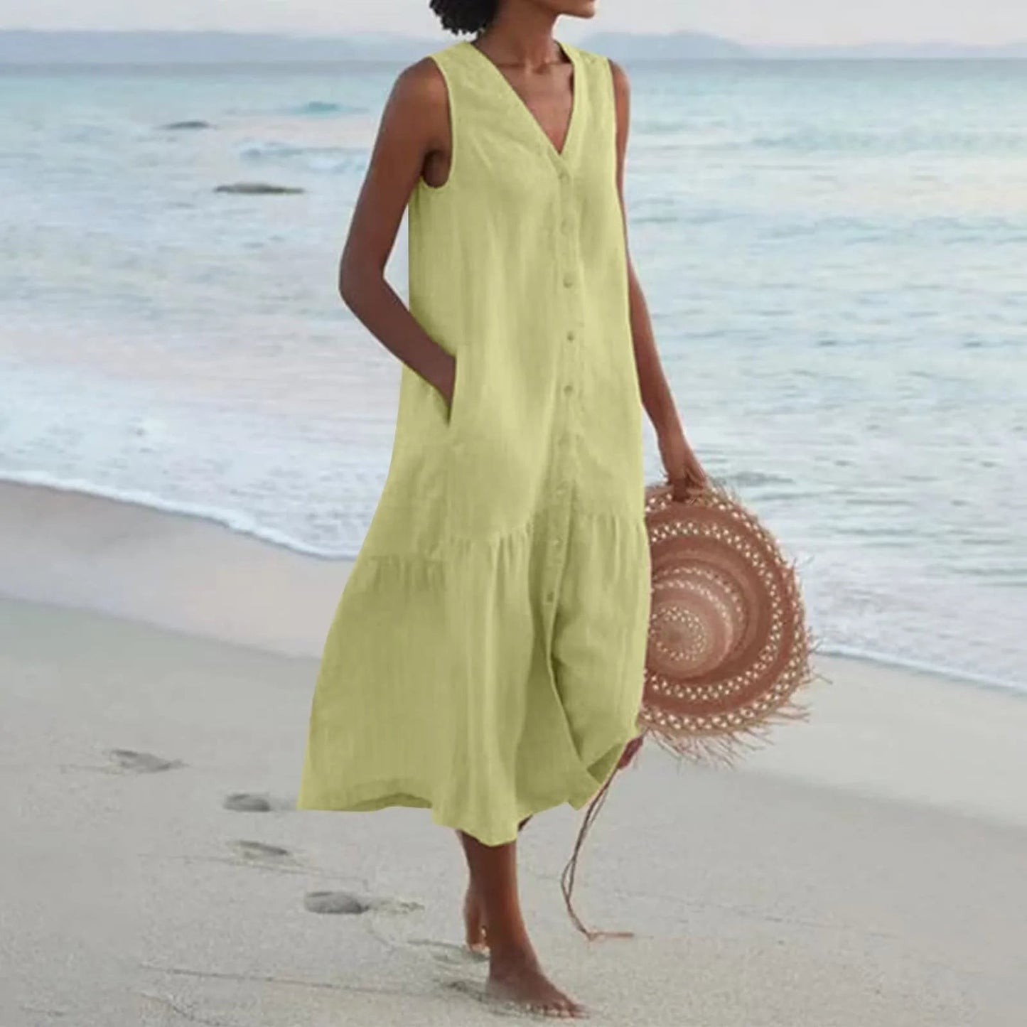 Stylish Linen Dress with V-Neck - Elara