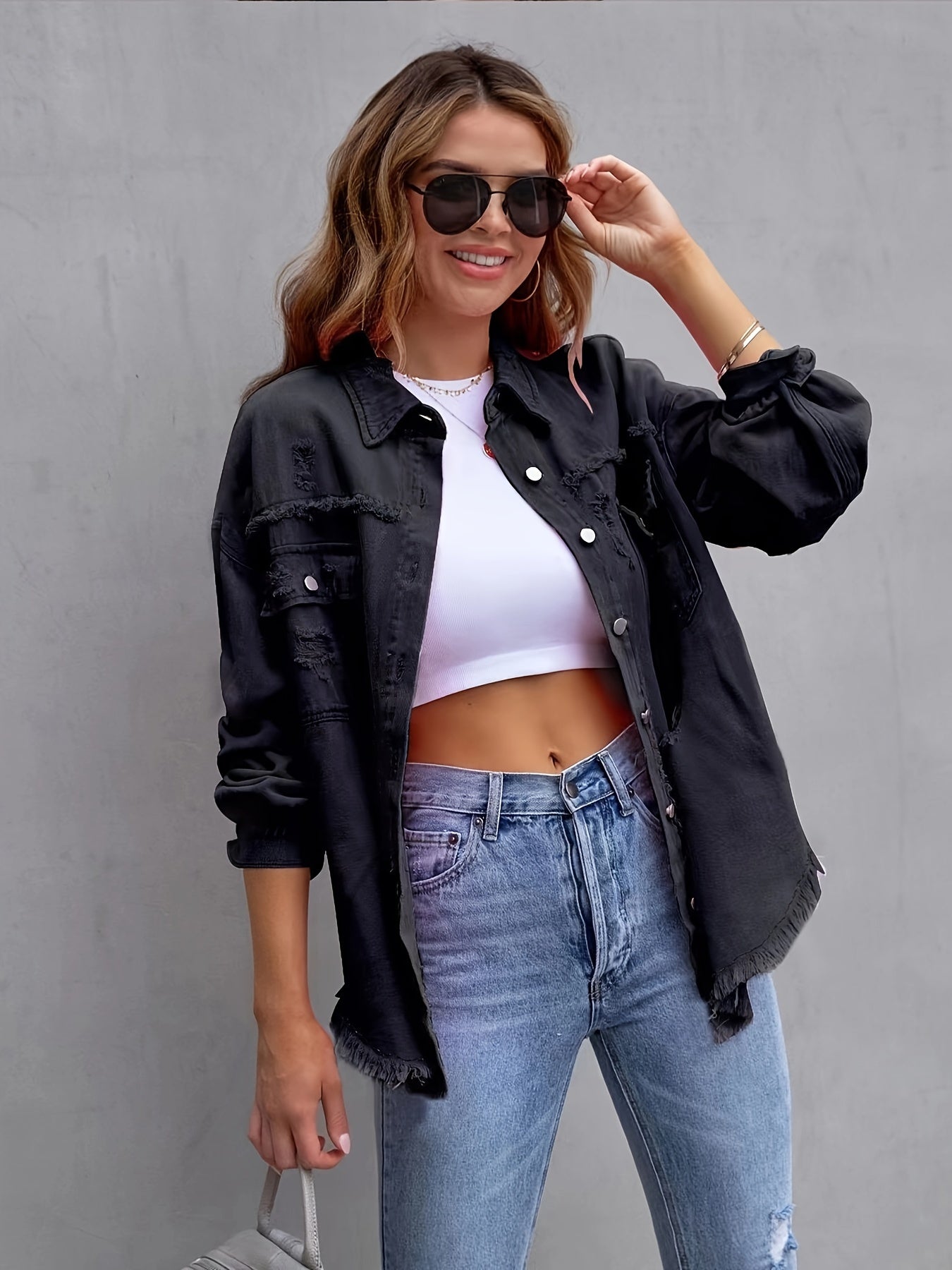 Oversized Denim Jasje - Boho - Niet-elastisch, Effen kleur, Knoopsluiting - Ideaal voor Alle Seizoenen