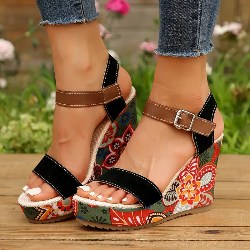 Olive - Women's Floral Print Wedge Heel Sandals