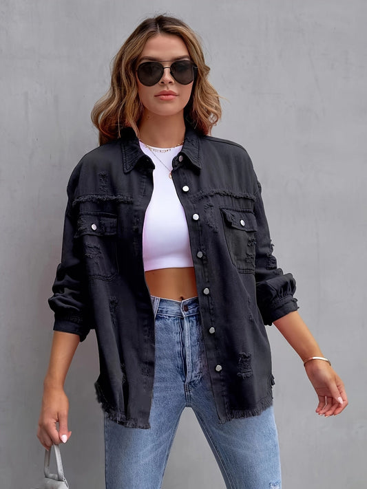 Oversized Denim Jacket - Boho - Non-elastic, Solid Color, Button Closure - Ideal for All Seasons