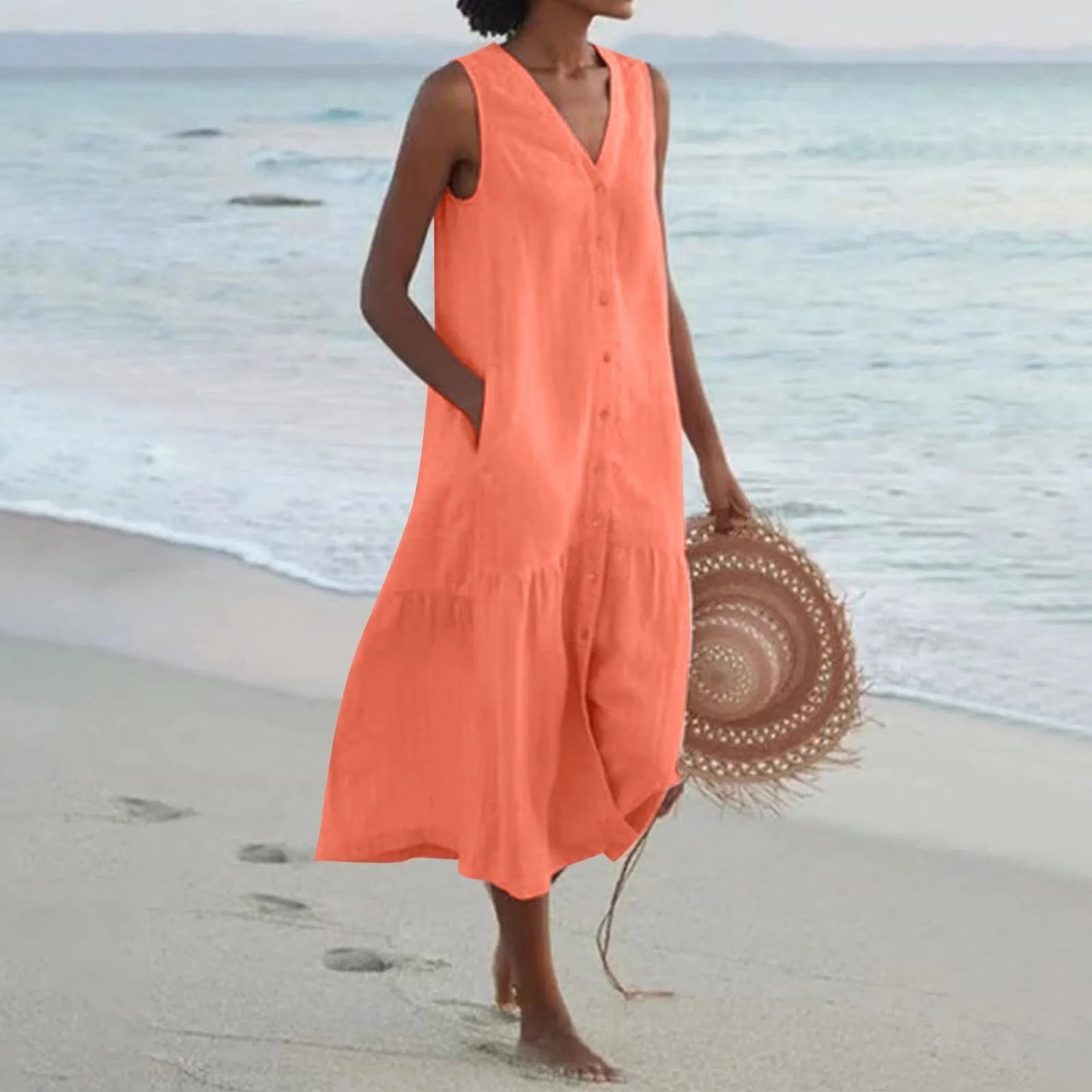 Stylish Linen Dress with V-Neck - Elara