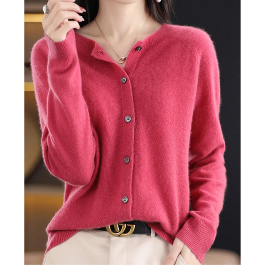 Pure Merino Wool Women's O-neck Cardigan Cashmere Sweater