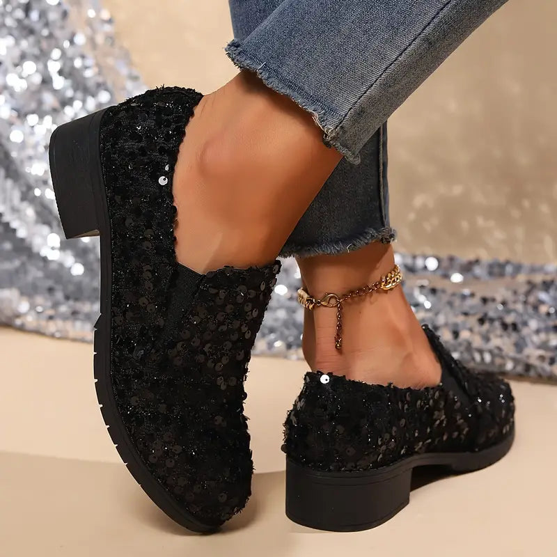 Arlene - Women's loafers with sequins and chunky heel