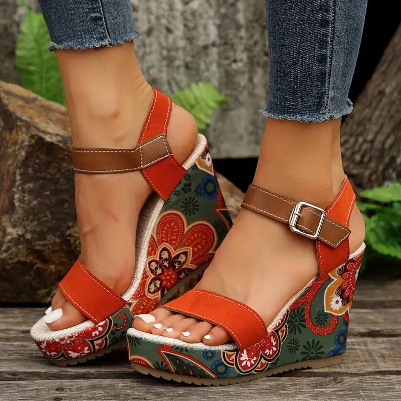 Olive - Women's Floral Print Wedge Heel Sandals