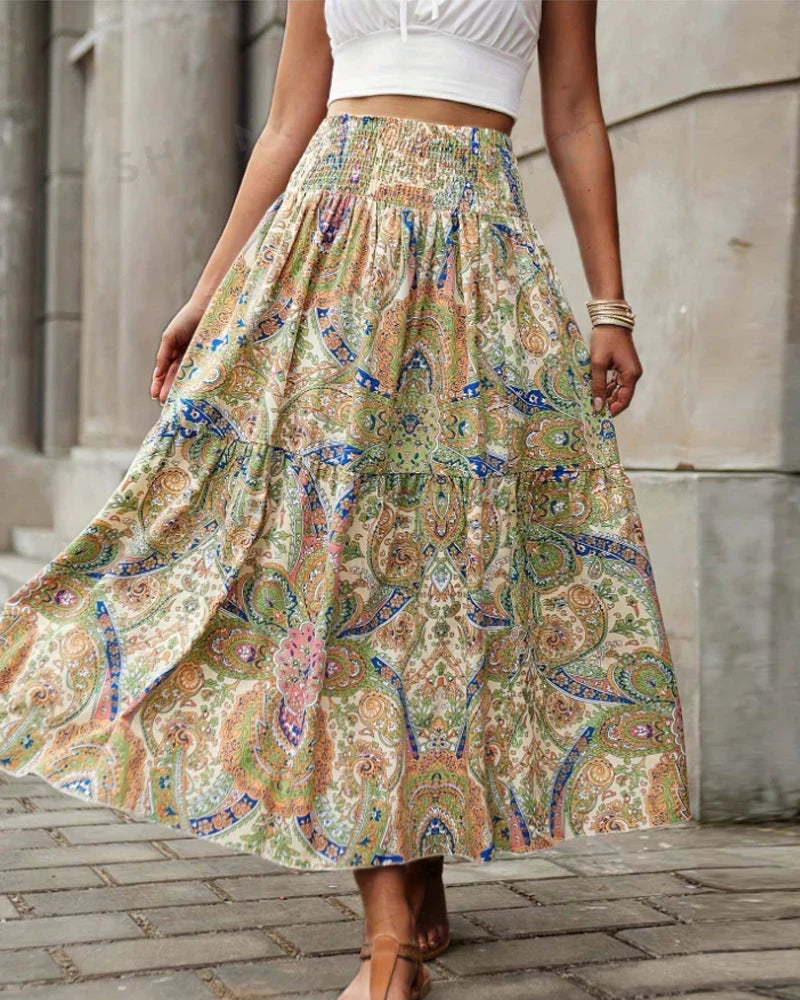 Solene - Skirt with paisley print and ruffles at the waist