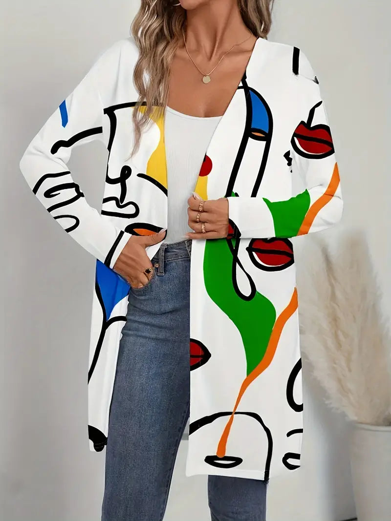 Lottie - Open Front Mid-Length Coat with Abstract Print