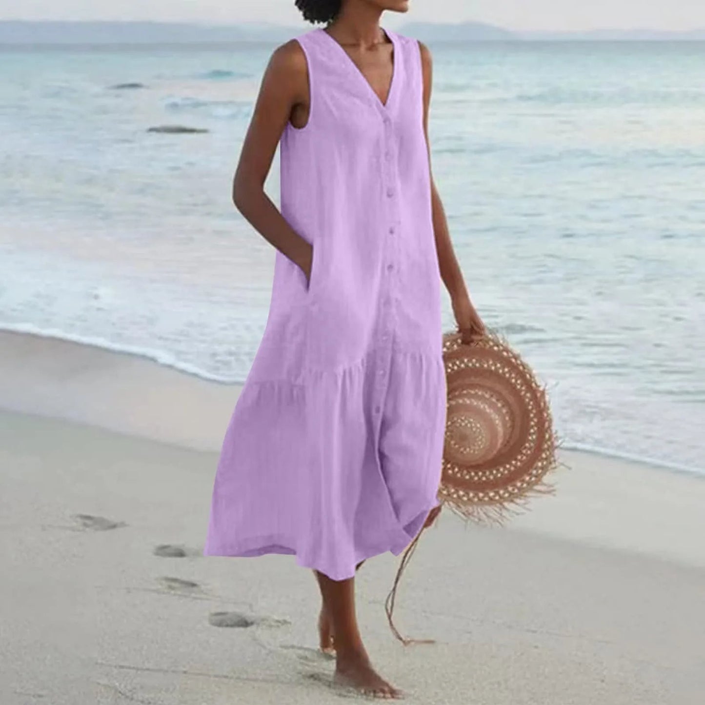 Stylish Linen Dress with V-Neck - Elara