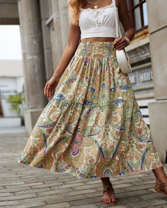 Solene - Skirt with paisley print and ruffles at the waist