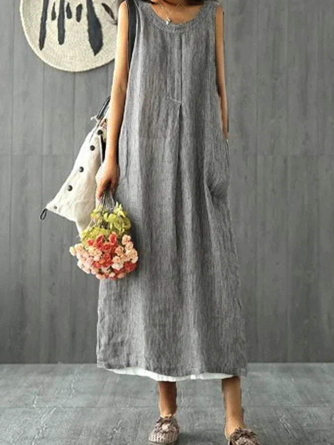 Luisiana - Loose, sleeveless dress in cotton linen with a round neckline