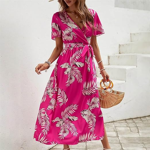 Clara - Tropical print belted dress with high waist