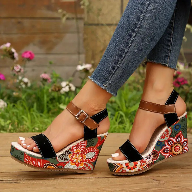 Olive - Sandalen met sleehak en bloemenprint voor dames