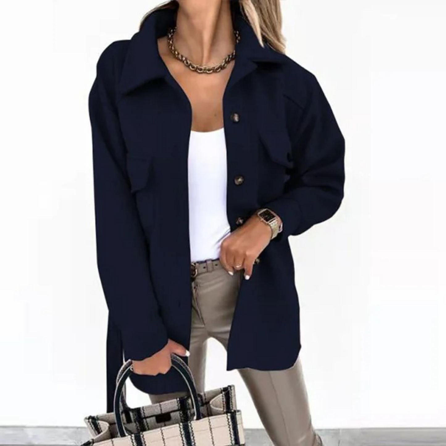 Nomani - Blue Turn-down Collar With Button Fleece Long Summer Coat