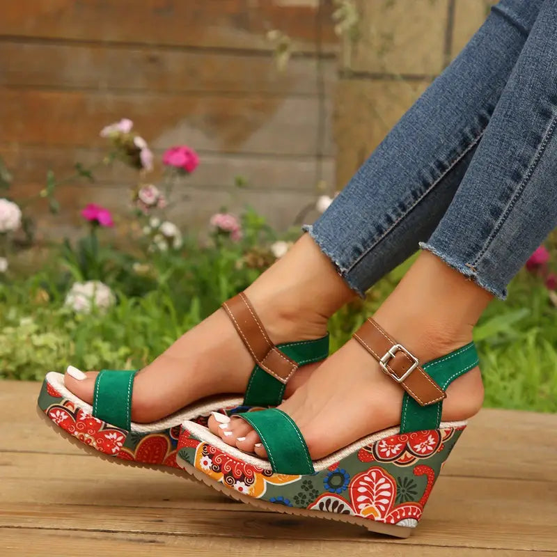 Olive - Women's Floral Print Wedge Heel Sandals