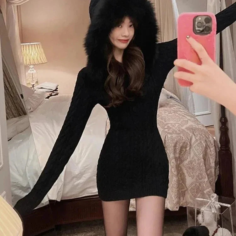 Aurora - Winter knitted sweater dress with hood