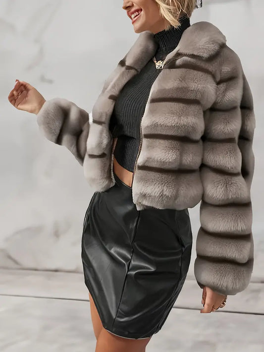 Olive - Fluffy faux fur coat with zipper