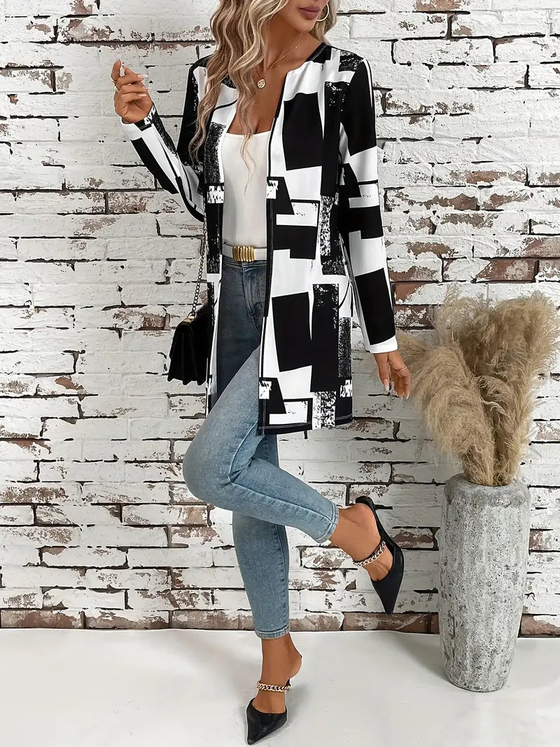 Fiona - Open Front Color Block Mid-Length Coat