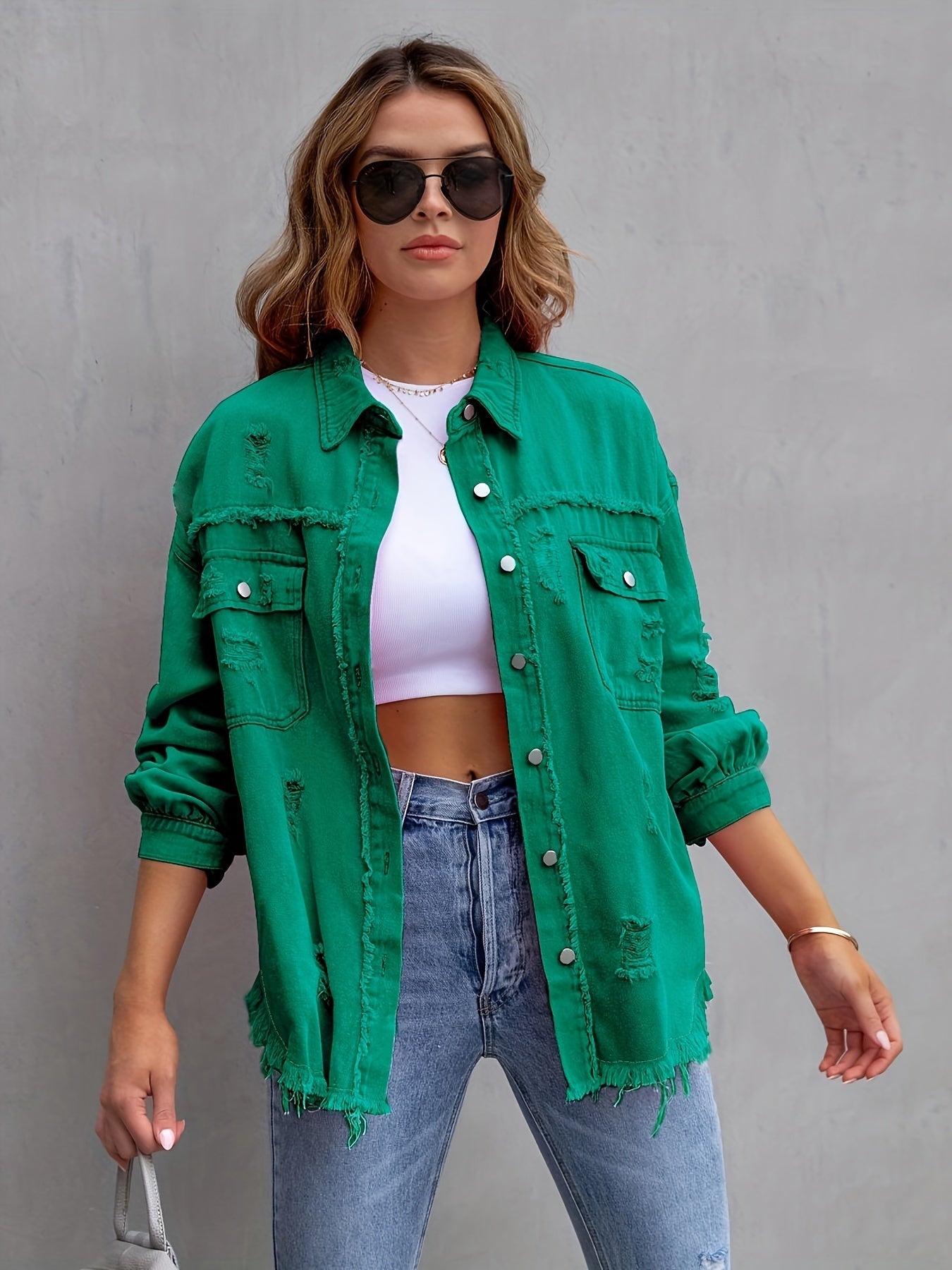 Veste en jean oversize - Boho - Non élastique, couleur unie, fermeture à boutons - Idéal pour toutes les saisons