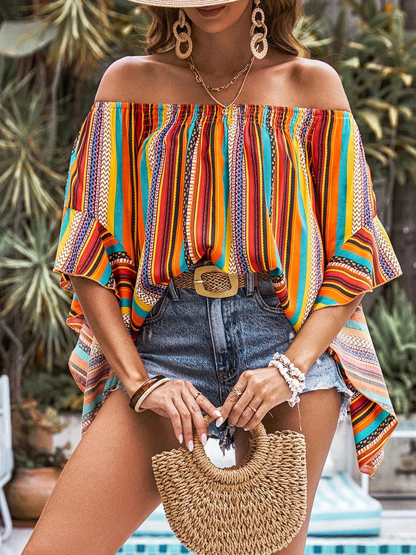 Bernadette - Bohemien gestreepte off-shoulder blouse