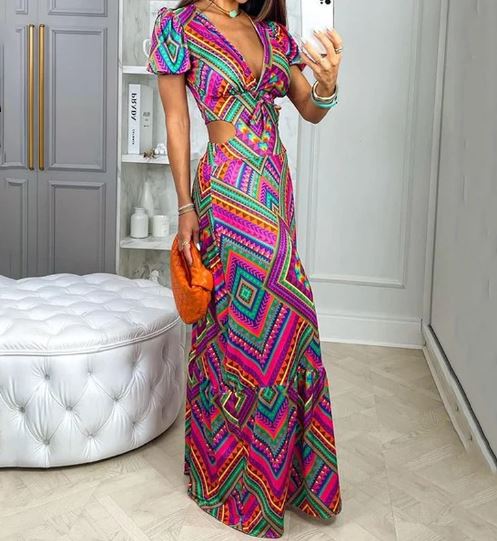 Cleopatra - V-neck Short puff sleeves Long dress with open waist