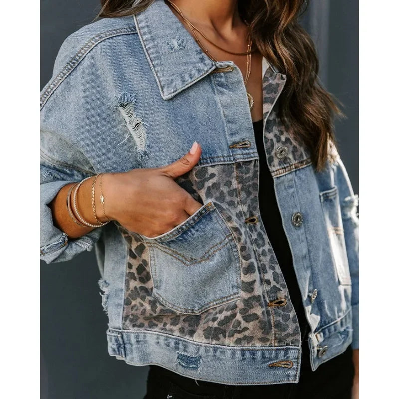 Makenna - Stylish Leopard Denim Jacket 