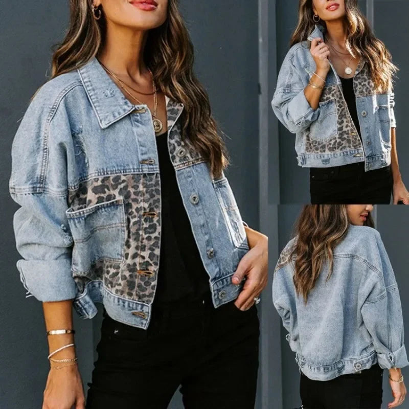 Makenna - Stylish Leopard Denim Jacket 