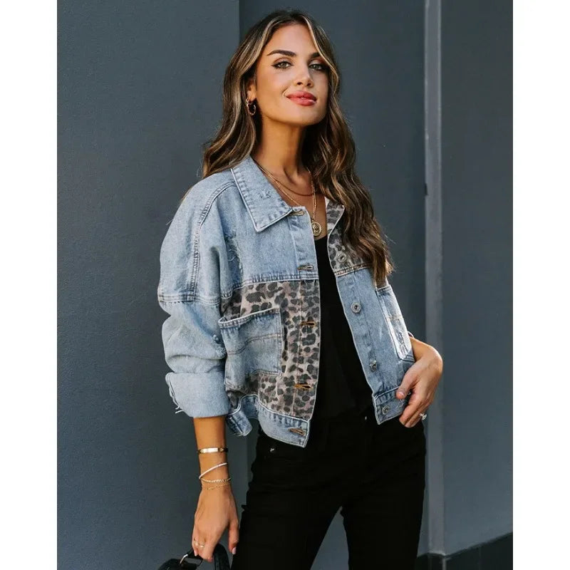 Makenna - Stylish Leopard Denim Jacket 