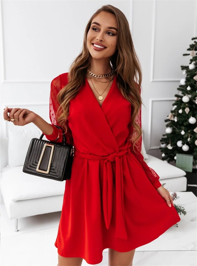 Flare dress with mesh sleeves