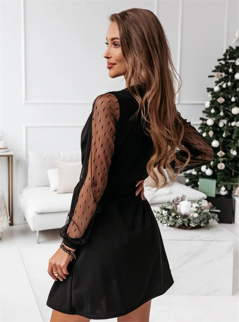 Flare dress with mesh sleeves