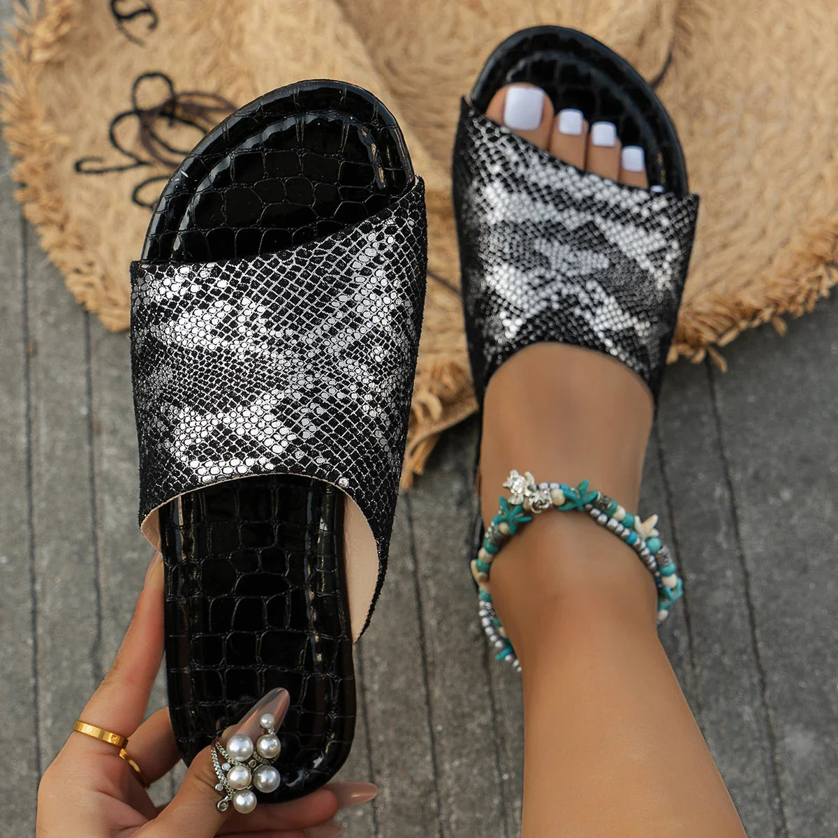 Felicity - Women's Snakeskin Print Flat Sandals