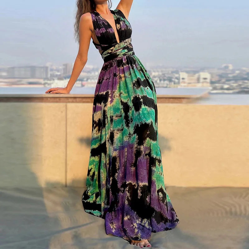 Corrine - Elegant, deep, long dress with V-shaped band