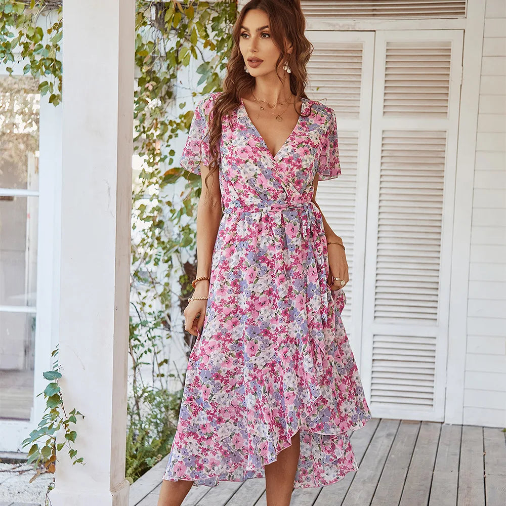 Celeste - Robe col V à manches courtes pour femme