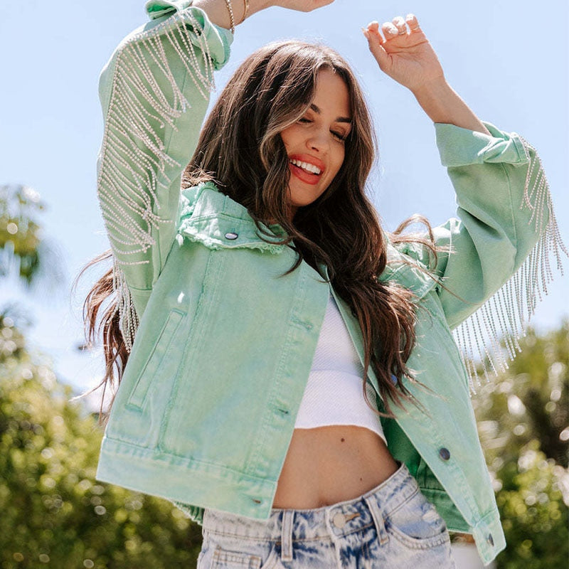 Denim jacket with (glitter) fringes