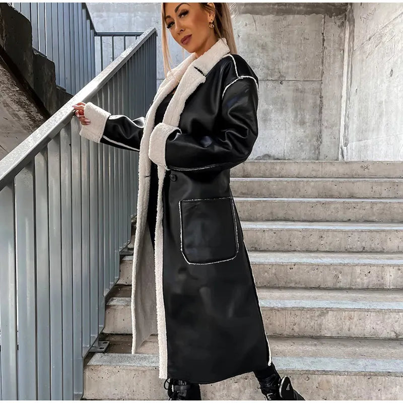 Manteau long en cuir avec fourrure