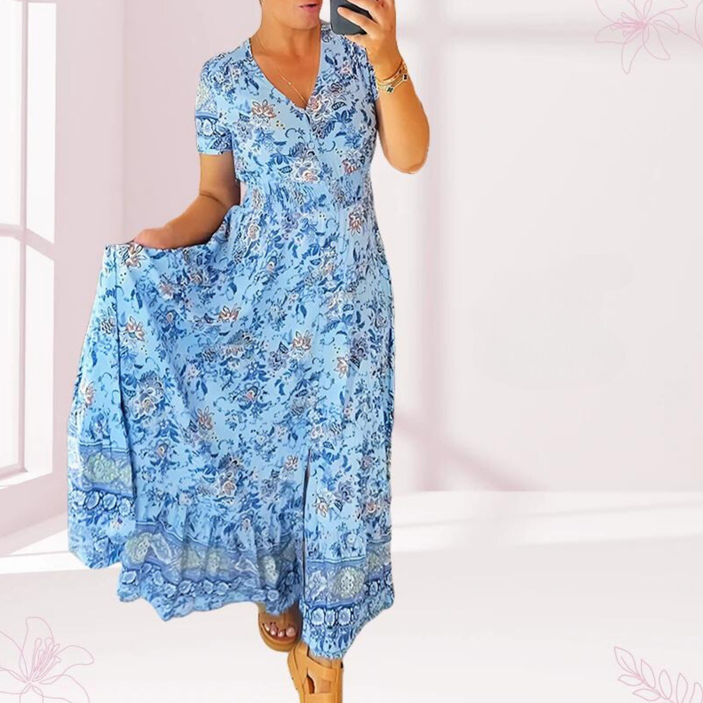 Jewel - Casual long dress with floral pattern and ruffles at the waist with V-neck