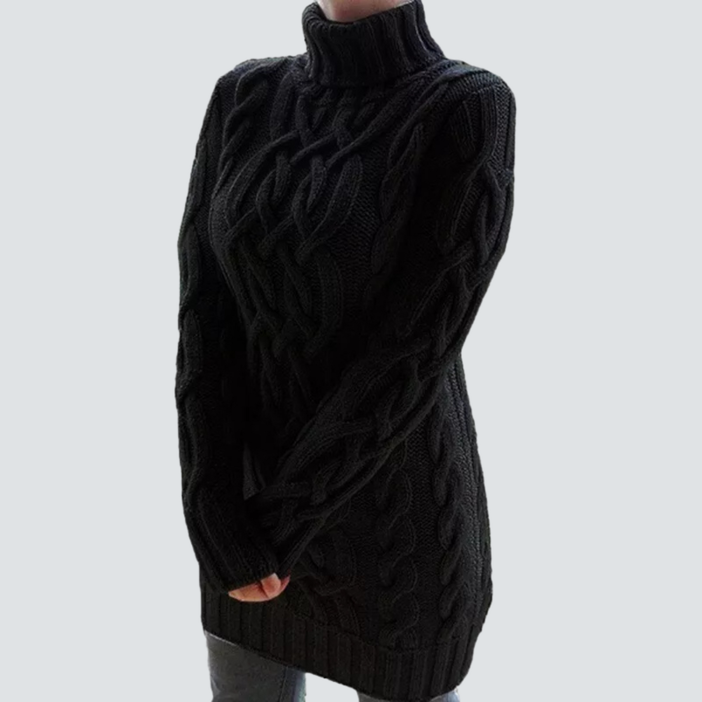 Audrey - Chunky Cable Knit Turtleneck Sweater Dress