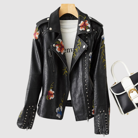 Esther - Leather jacket with retro floral pattern