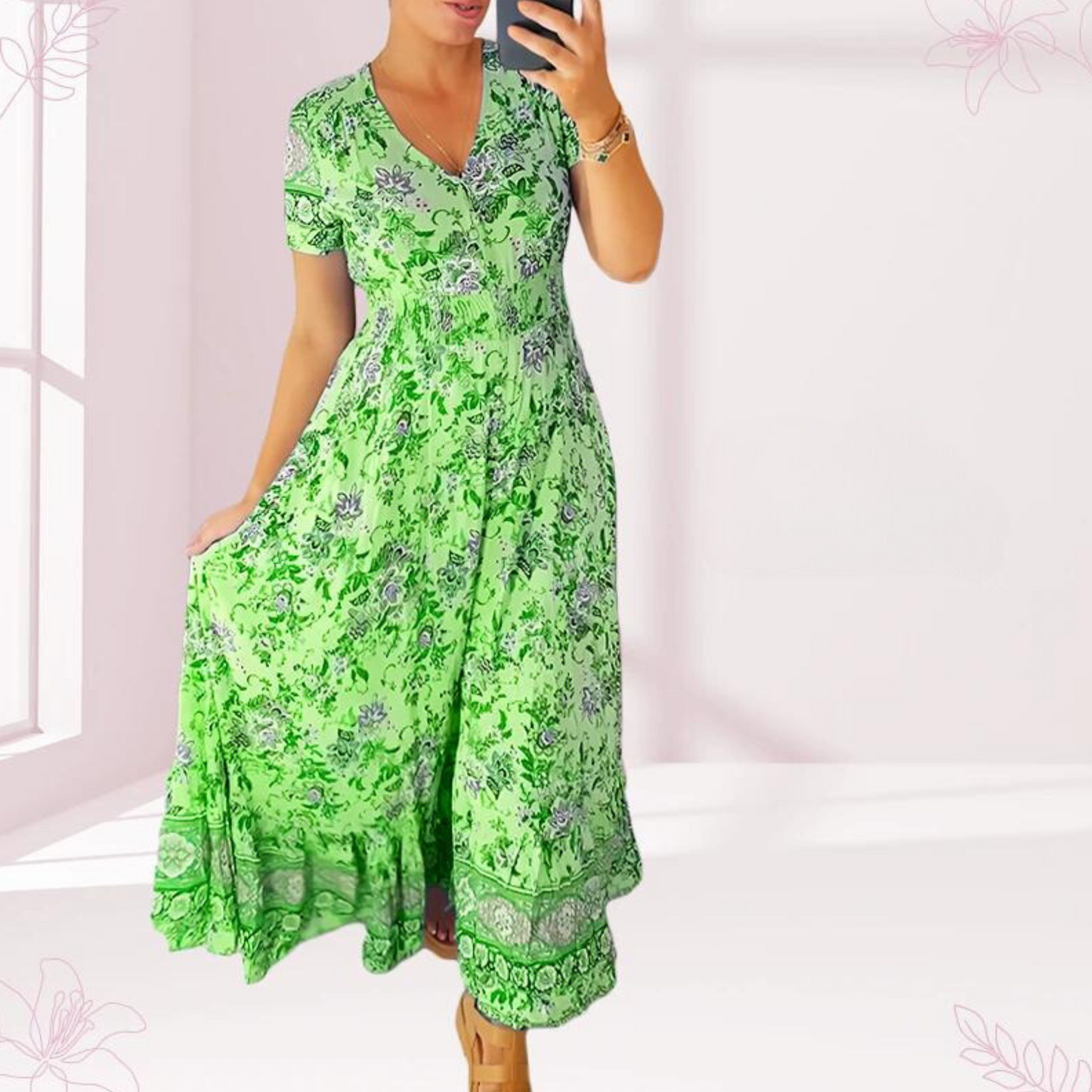 Jewel - Casual long dress with floral pattern and ruffles at the waist with V-neck