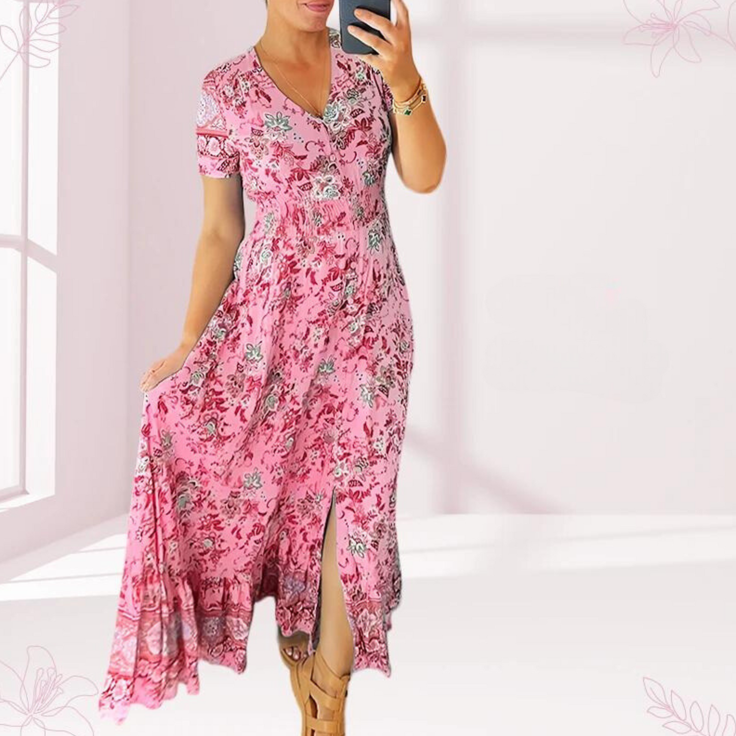 Jewel - Casual long dress with floral pattern and ruffles at the waist with V-neck