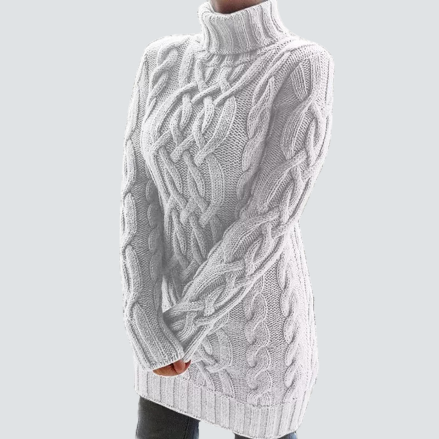 Audrey - Chunky Cable Knit Turtleneck Sweater Dress