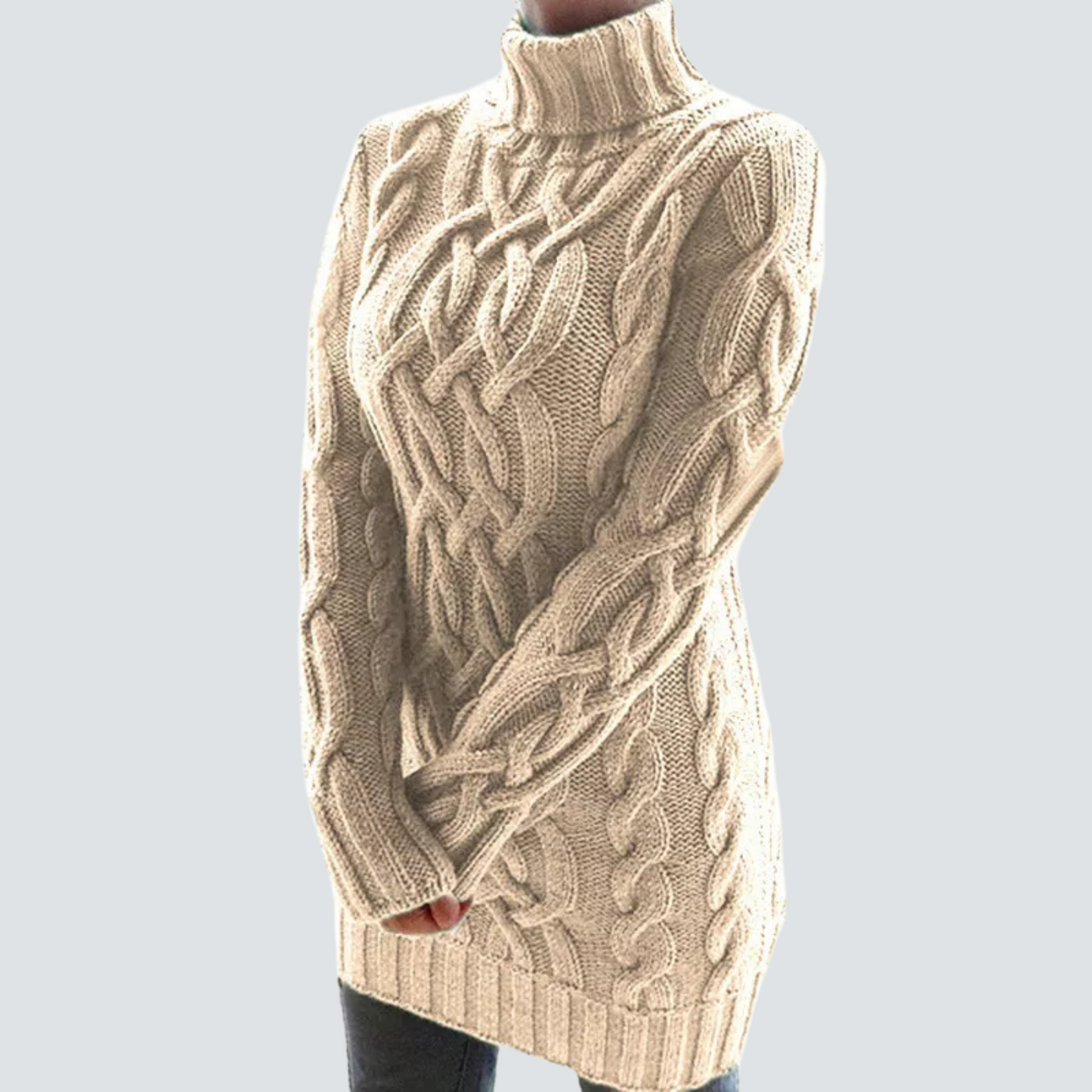 Audrey - Chunky Cable Knit Turtleneck Sweater Dress