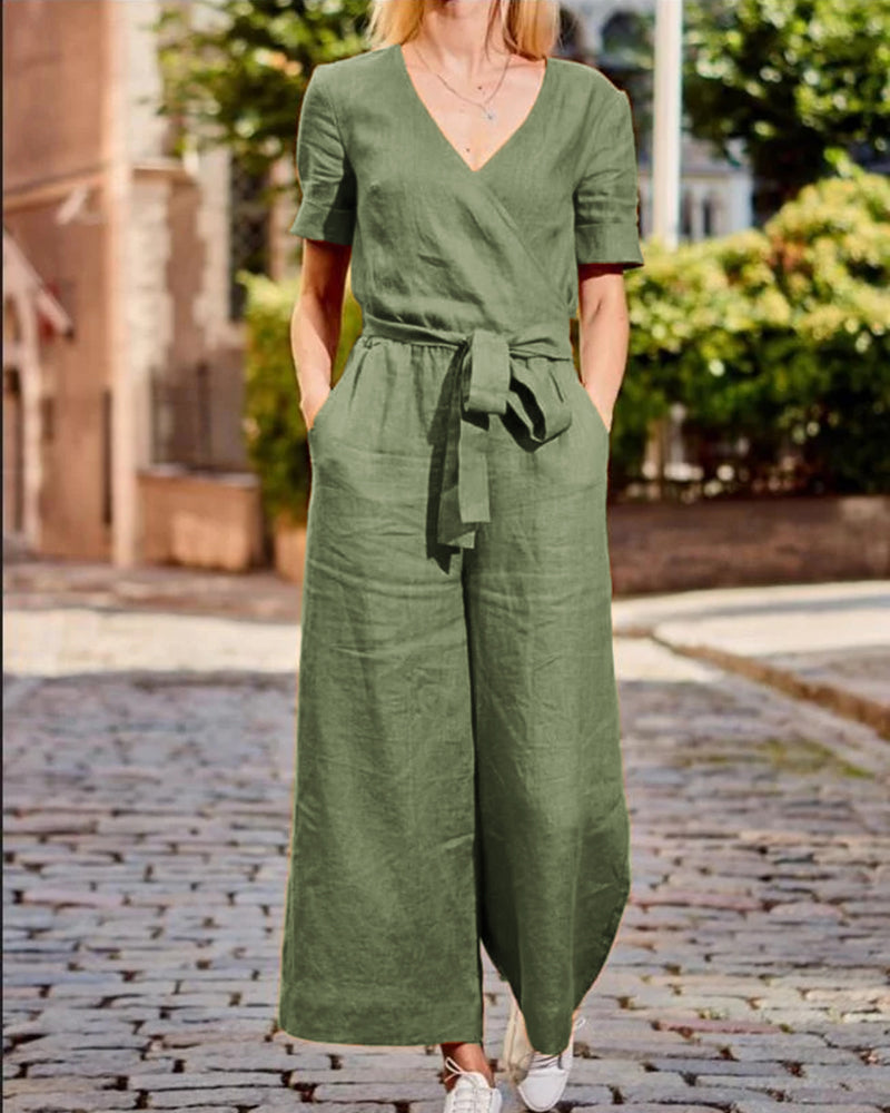 Linn - Jumpsuit met riem en korte mouwen