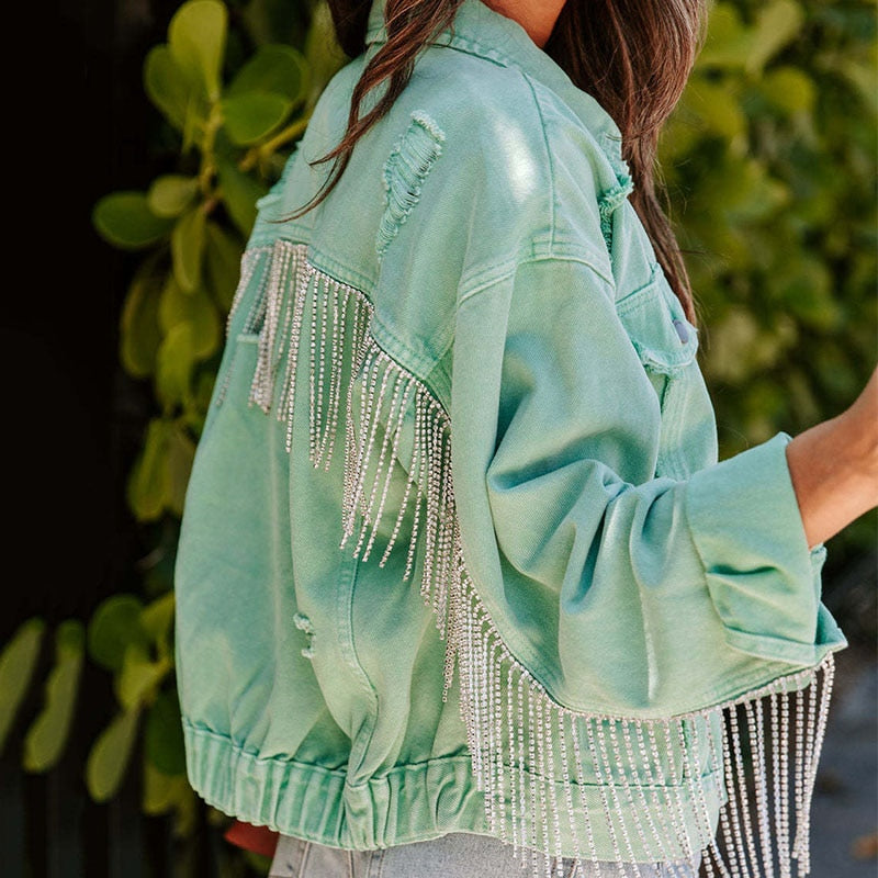 Denim jacket with (glitter) fringes