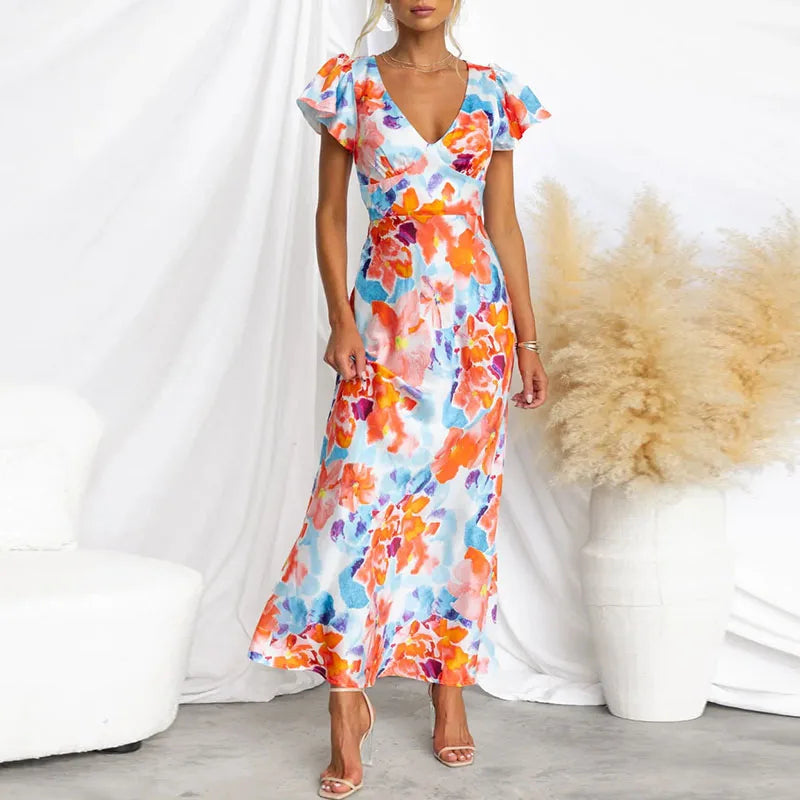 Adelaide - Robe de soirée élégante à col en V et imprimé floral